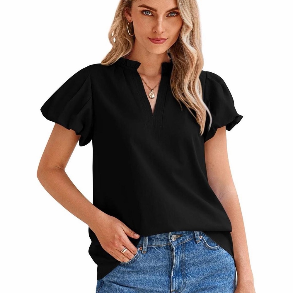 Pretty Garden Black Flutter-Sleeve V-Neck Top